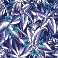 patrón transparente de follaje azul claro con hojas florales tropicales abstractas y follaje de plantas sobre fondo oscuro con dibujo de plantas de flores. verano exótico. telón de fondo tropical. trópicos exóticos. primavera vector