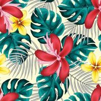 Fashionable seamless tropical pattern with colorful monstera and palm leaves on beige background with yellow abstract frangipani flower drawing for summer shirt texture print. tropical wallpaper