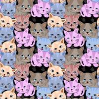Cute emotion cat on black background seamless pattern. vector