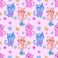 Cute cat play with butterfly in flowers garden pattern. vector