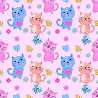 Cute cat play with butterfly in flowers garden pattern. vector