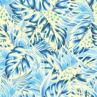 abstract tropical plants seamless pattern with monochromatic blue color monstera and palm leaves. floral background. fashionable vector texture. exotic summer. jungle