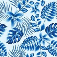 hojas tropicales vintage plantas de patrones sin fisuras diseño de moda de verano. fresco papel tapiz floral. colores azules monocromáticos sobre fondo claro. exóticos tropicales. decorativo vector