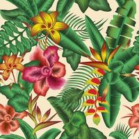 colorful tropical floral seamless pattern plants fashionable with banana leaves, palm, strelitzia flower and heliconia drawing on beige background. Vector design. Jungle print