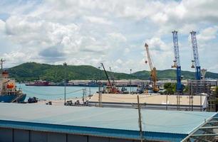 Industrial port crane lift up loading export containers box onboard at port of Thailand. photo