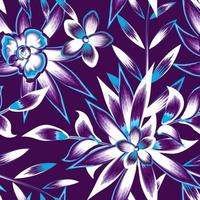 purple floral seamless pattern with light tropical leaves and plants foliage on dark background. floral pattern background. Exotic jungle wallpaper. tropical background vector