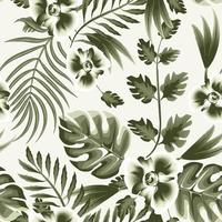 Trending abstract seamless pattern with green vintage tropical monstera leaves, palm leaf and plants on white background. Vector design. Jungle print. Floral background. Exotic tropic. Summer design