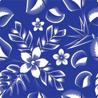 Exotic jungle plants illustration pattern with blue abstract monochromatic frangipani flower, strelitzia and monstera leaves. Fashionable template for design. summer design vector themated. autumn