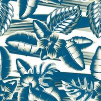 exotic tropical seamless pattern vector with blue monochromatic banana leaves, palm leaf and flowers on abstract wave background. fashionable texture. Beach summer shirt design