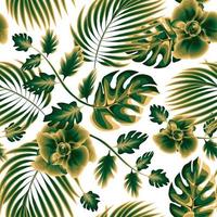 patrón tropical vintage sin costuras con planta de monstera verde y hojas de palma al sol de la tarde sobre fondo blanco. diseño vectorial fondo floral. verano tropical exótico. textura de moda vector