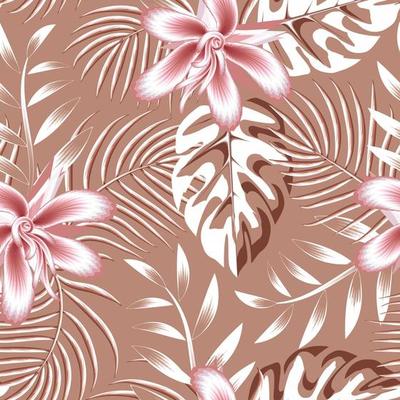 summer seamless tropical pattern fashionable texture print with pink monstera leaves, palm leaf and pink abstract flowers on pastel background. exotic tropics. jungle print. nature background