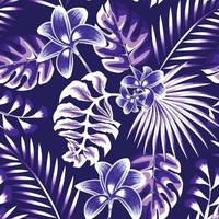 Modern seamless pattern with light purple tropical plants leaves and foliage on dark background. Fashionable texture design, textile, fabric, printing. Exotic design and ornament. Tropical background vector