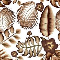 monochromatic brown tropical seamless pattern with bananas leaves, palm, monstera leaf and abstract flower vector on white background. Fashionable template design. exotic summer. nature prints