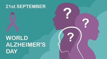 TURQUOISE VECTOR HORIZONTAL BACKGROUND WITH LILAC SILHOUETTES OF HUMAN HEADS AND QUESTION MARKS FOR ALZHEIMER'S DAY