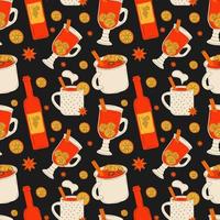 Seamless pattern with  mulled wine in  different cups and a bottle of wine. Vector