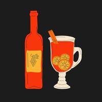 vino caliente en copa y una botella de vino. vino caliente con canela.vector en estilo de dibujos animados. todos los elementos están aislados vector