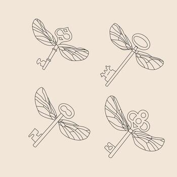 Magic icons keys with wings. Vector. All elements are isolated vector