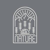 Nature camp and mountain in mono line for badge patch emblem graphic vector art t-shirt design