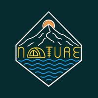 Nature camping mono line mountain design for badge patch emblem graphic vector art t-shirt design