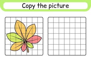 Copy the picture and color leaf chestnut. Complete the picture. Finish the image. Coloring book. Educational drawing exercise game for children vector