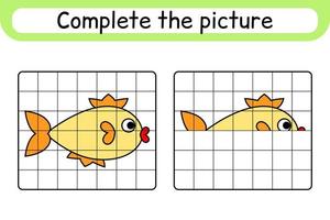 Complete the picture fish. Copy the picture and color. Finish the image. Coloring book. Educational drawing exercise game for children vector