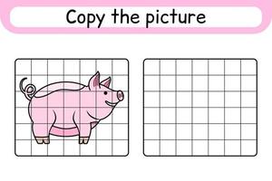 Copy the picture and color pig. Complete the picture. Finish the image. Coloring book. Educational drawing exercise game for children vector