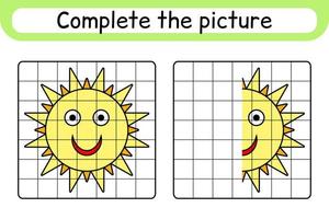 Complete the picture sun. Copy the picture and color. Finish the image. Coloring book. Educational drawing exercise game for children vector