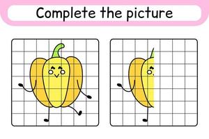 Complete the picture pepper. Copy the picture and color. Finish the image. Coloring book. Educational drawing exercise game for children vector