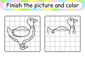 completa el pato de la imagen. copiar la imagen y el color. terminar la imagen. libro de colorear. juego educativo de ejercicios de dibujo para niños vector