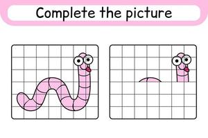 Complete the picture worm. Copy the picture and color. Finish the image. Coloring book. Educational drawing exercise game for children vector