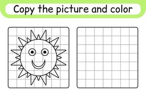 Copy the picture and color sun. Complete the picture. Finish the image. Coloring book. Educational drawing exercise game for children vector