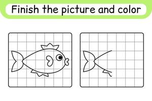 Complete the picture fish. Copy the picture and color. Finish the image. Coloring book. Educational drawing exercise game for children vector