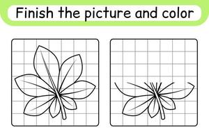 Complete the picture leaf chestnut. Copy the picture and color. Finish the image. Coloring book. Educational drawing exercise game for children vector