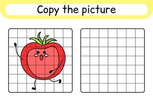 copia la imagen y colorea el tomate. completa la imagen terminar la imagen. libro de colorear. juego educativo de ejercicios de dibujo para niños vector