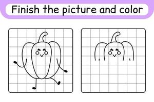 Complete the picture pepper. Copy the picture and color. Finish the image. Coloring book. Educational drawing exercise game for children vector