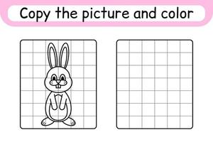 Copy the picture and color rabbit. Complete the picture. Finish the image. Coloring book. Educational drawing exercise game for children vector