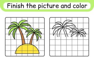 Complete the picture palm. Copy the picture and color. Finish the image. Coloring book. Educational drawing exercise game for children vector