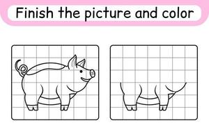 Complete the picture pig. Copy the picture and color. Finish the image. Coloring book. Educational drawing exercise game for children vector