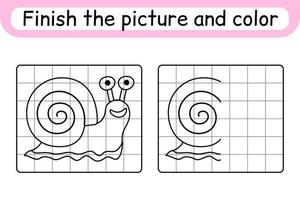 Complete the picture snail. Copy the picture and color. Finish the image. Coloring book. Educational drawing exercise game for children vector