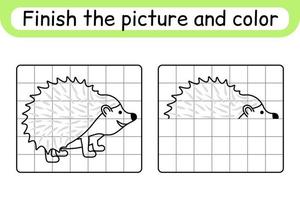 Complete the picture hedgehog. Copy the picture and color. Finish the image. Coloring book. Educational drawing exercise game for children vector