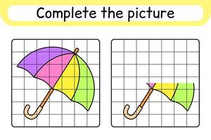 completa el paraguas de la imagen. copiar la imagen y el color. terminar la imagen. libro de colorear. juego educativo de ejercicios de dibujo para niños vector