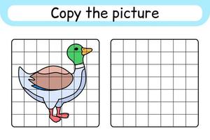 Copy the picture and color duck. Complete the picture. Finish the image. Coloring book. Educational drawing exercise game for children vector