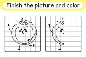 Complete the picture tomato. Copy the picture and color. Finish the image. Coloring book. Educational drawing exercise game for children vector