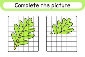 Complete the picture leaf oak. Copy the picture and color. Finish the image. Coloring book. Educational drawing exercise game for children vector