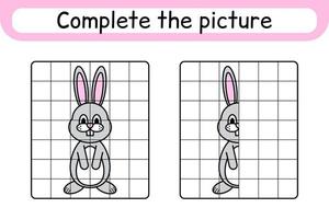 Complete the picture rabbit. Copy the picture and color. Finish the image. Coloring book. Educational drawing exercise game for children vector