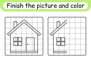 completa la imagen de casa. copiar la imagen y el color. terminar la imagen. libro de colorear. juego educativo de ejercicios de dibujo para niños vector