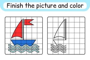 completar el cuadro de la nave. copiar la imagen y el color. terminar la imagen. libro de colorear. juego educativo de ejercicios de dibujo para niños vector