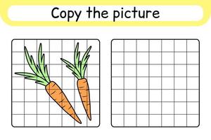 Copy the picture and color carrot. Complete the picture. Finish the image. Coloring book. Educational drawing exercise game for children vector