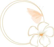 Round frame with Plumeria flower and butterfly. Vector stock illustration. Delicate butterfly wings. Elegant design for invitations, postcards, avatars for social networks. Isolated on a white