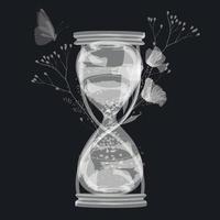The hourglass of eternity. Vector stock illustration. Magical butterflies and flowers. Spirituality of the future. The mind. A mystical and mysterious postcard.